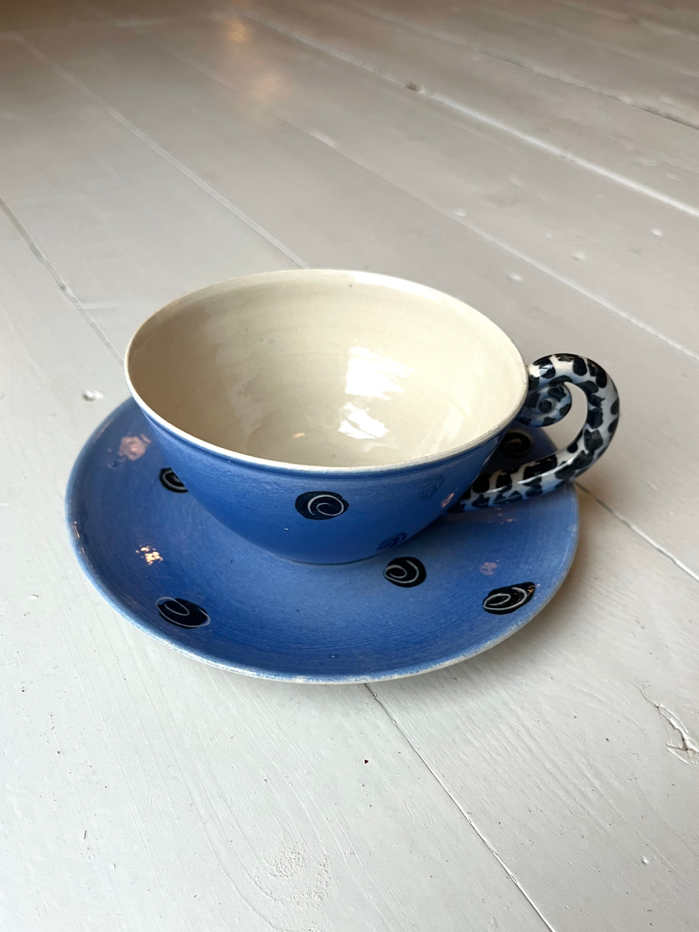 Blå kop & underkop med prikker - Vintage 160